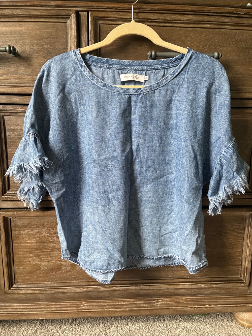 Denim-Style Blue Frayed Sleeve Women's Top